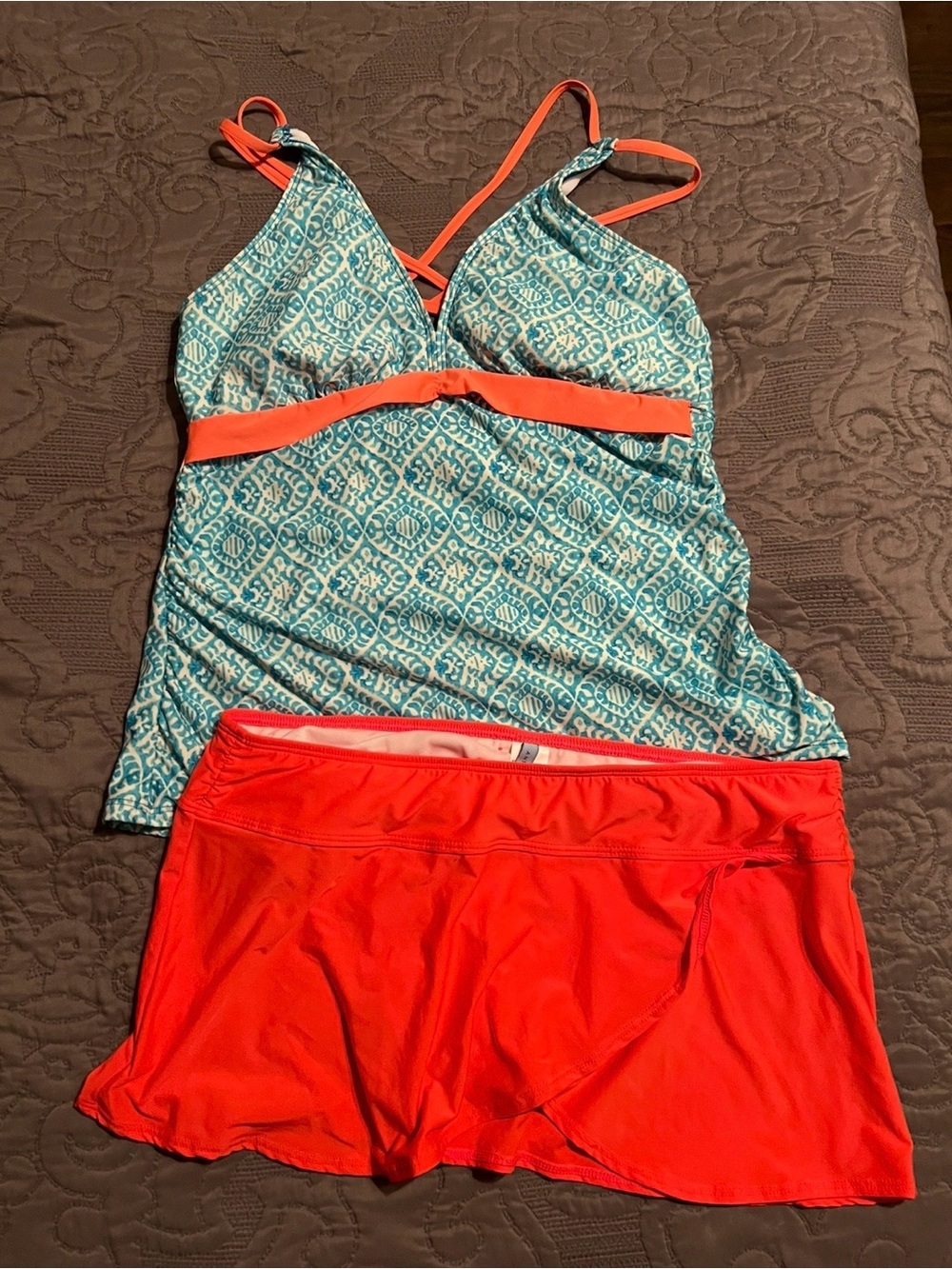 ANTONIO MELANI Teal Patterned Tankini with Coral Skirted Bottom